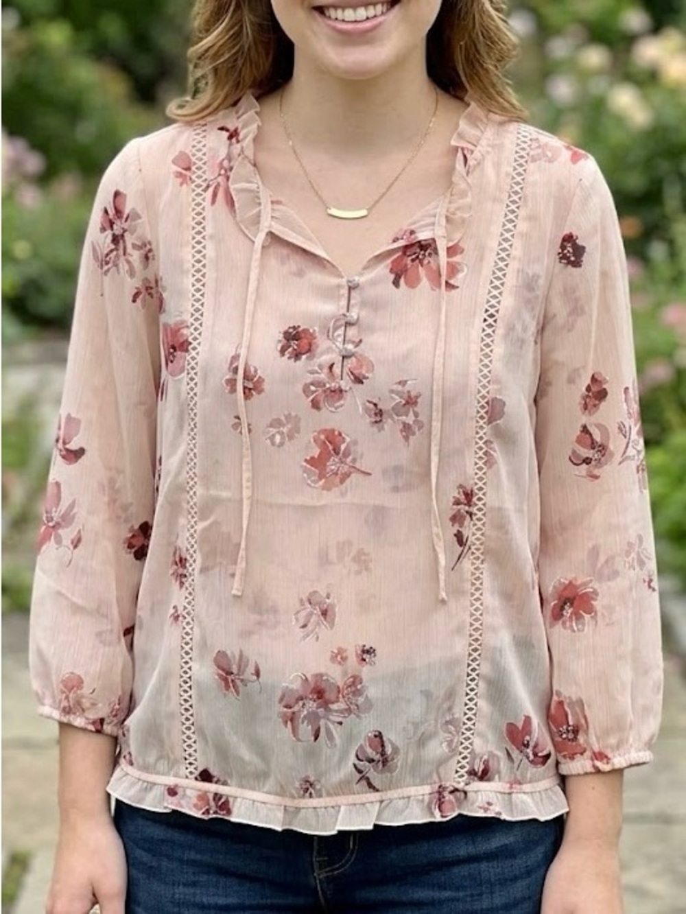 Peasant Sheer Floral Blouse Blush Pink Cottagecore Boho Breezy Lightweight